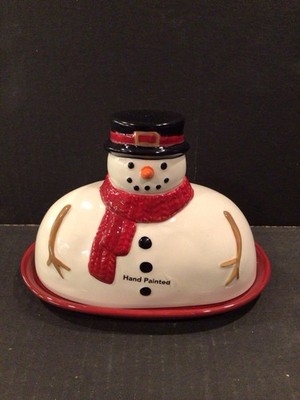St. Nicholas Square Yuletide Snowman Butter Dish Hand Painted