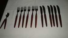 Besteck mit Holzgriff 12 teilig - Messer & Gabel 60-70er Jahre