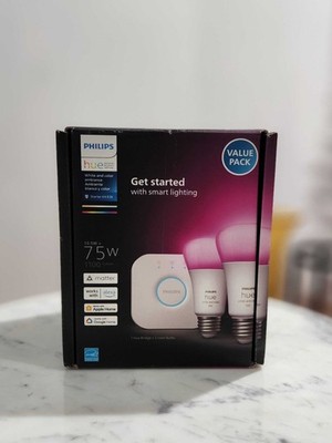 Philips Hue Color 75W A19 Smart LED Bulb 2PK + Hue Bridge - White and Color NEW