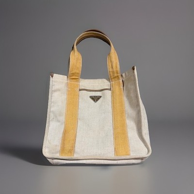 PRADA Canvas Tote Bag Auth Beige Medium Women Italy 114601