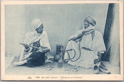 c1910s French SMOKING Vice Postcard HOOKAH ''Au Cafe Maure - Chanteur et Fumeur''