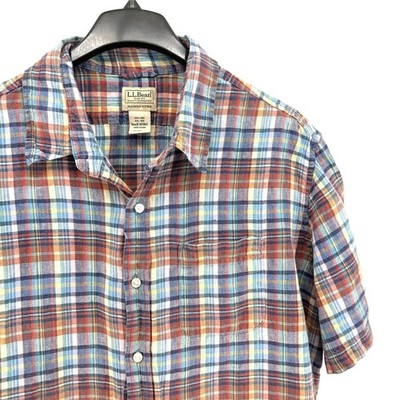 L.L. Bean Button Down Mens XXL Pre-Owned SS Shirt Multicolor Plaid 100% Linen