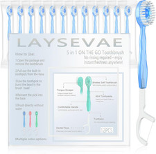 12 Pack 5 in 1 Disposable Mini Toothbrushes with Toothpaste, Floss, Pick  Tongu