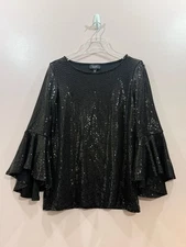 MSK Black Sequin Boat-Neck Bell-Sleeve Blouse Top Size Medium