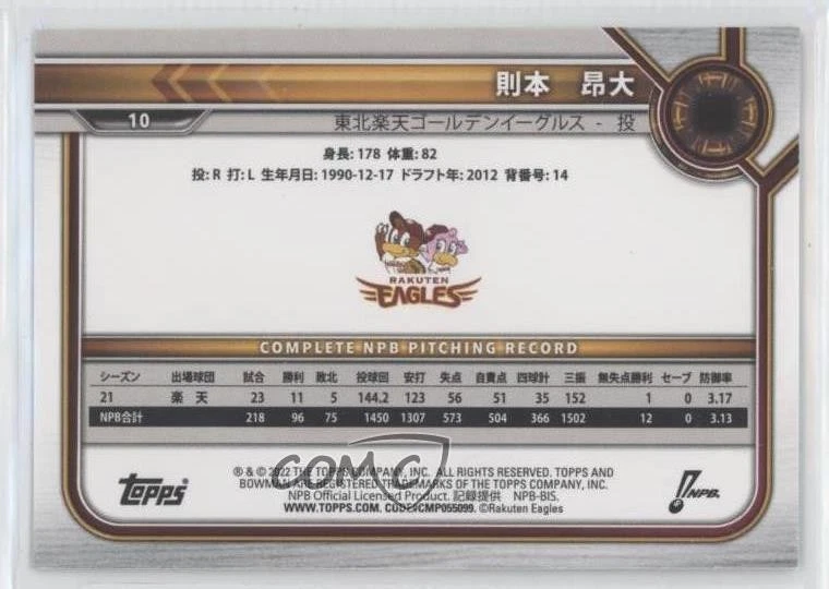 2022 Bowman NPB Nippon Professional Baseball Aqua /175 Takahiro Norimoto #10 - Image 2 of 2