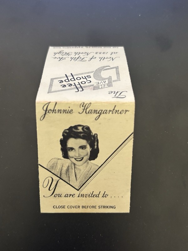 1930s Columbus OH Advertising Matchbook Johnny Hangartner 5th Avenue  Cafe ☕️
