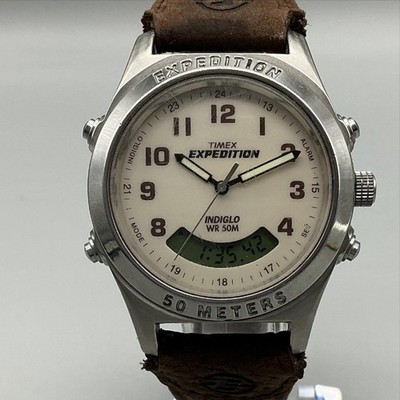Timex Expedition Mens Watch 38mm Silver Tone Brown Leather Indiglo New Battery
