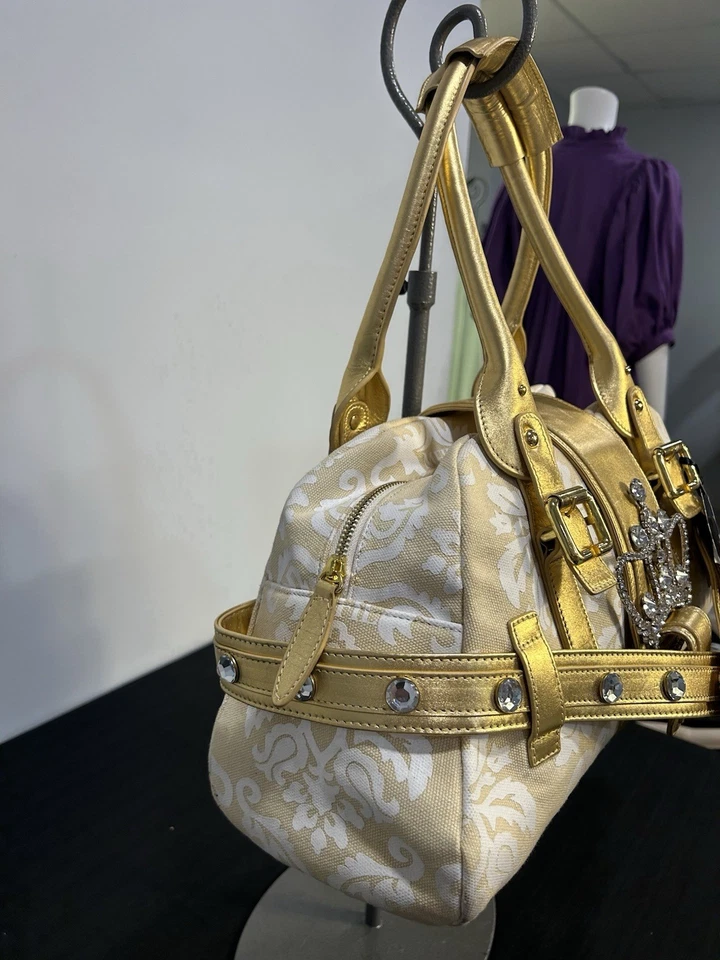 Bolso/cartera de lona My Flat In London para mujer color blanco y dorado con logotipo pedrería Foto 2 de 4