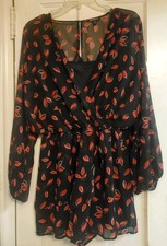 EXPRESS Black Red Leaf Print Sheer Lined Romper Dress Junior Womens Size L Large