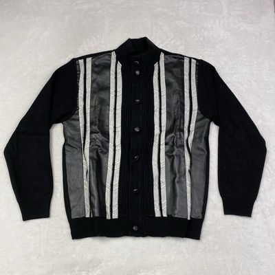 VTG Bagazio Full Zip Button Flap Knit Sweater Faux Leather Stripes Men's Large