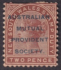 New South Wales QV 2d wi secirity overprint AUSTRALIAN MUTUAL PROVIDENT SOCIETY