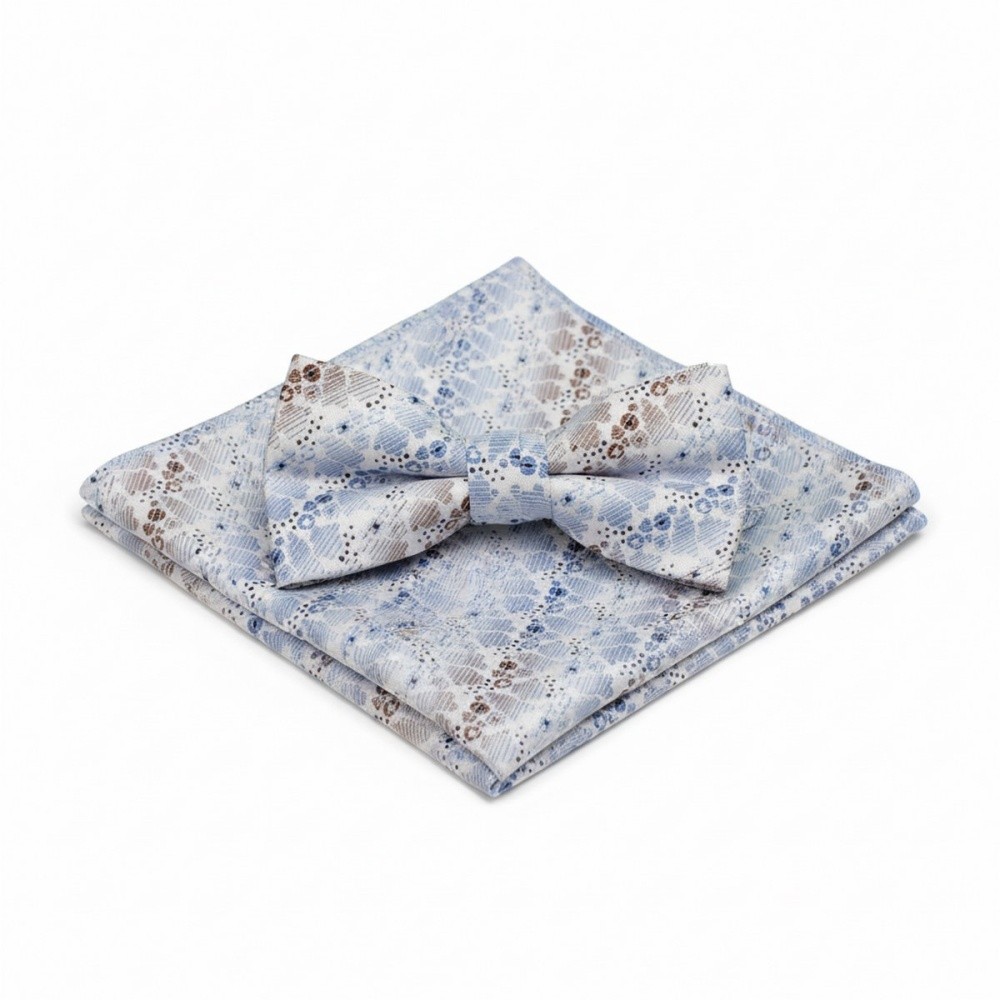 UNA Men's Bow Tie Handkerchief Set Lucano Blue Brown Patterned 821438 1