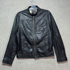 Timberland Leather Biker Jacket Mens Medium Black Goat Skin Cafe Racer Moto