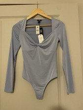 Express Body Contour Blue Solid Twist Front Long Sleeve Stretch Bodysuit Size XS