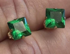 14k Over 925 Sterling Silver Princess Cut CZ Stud Earrings Emerald Green Color