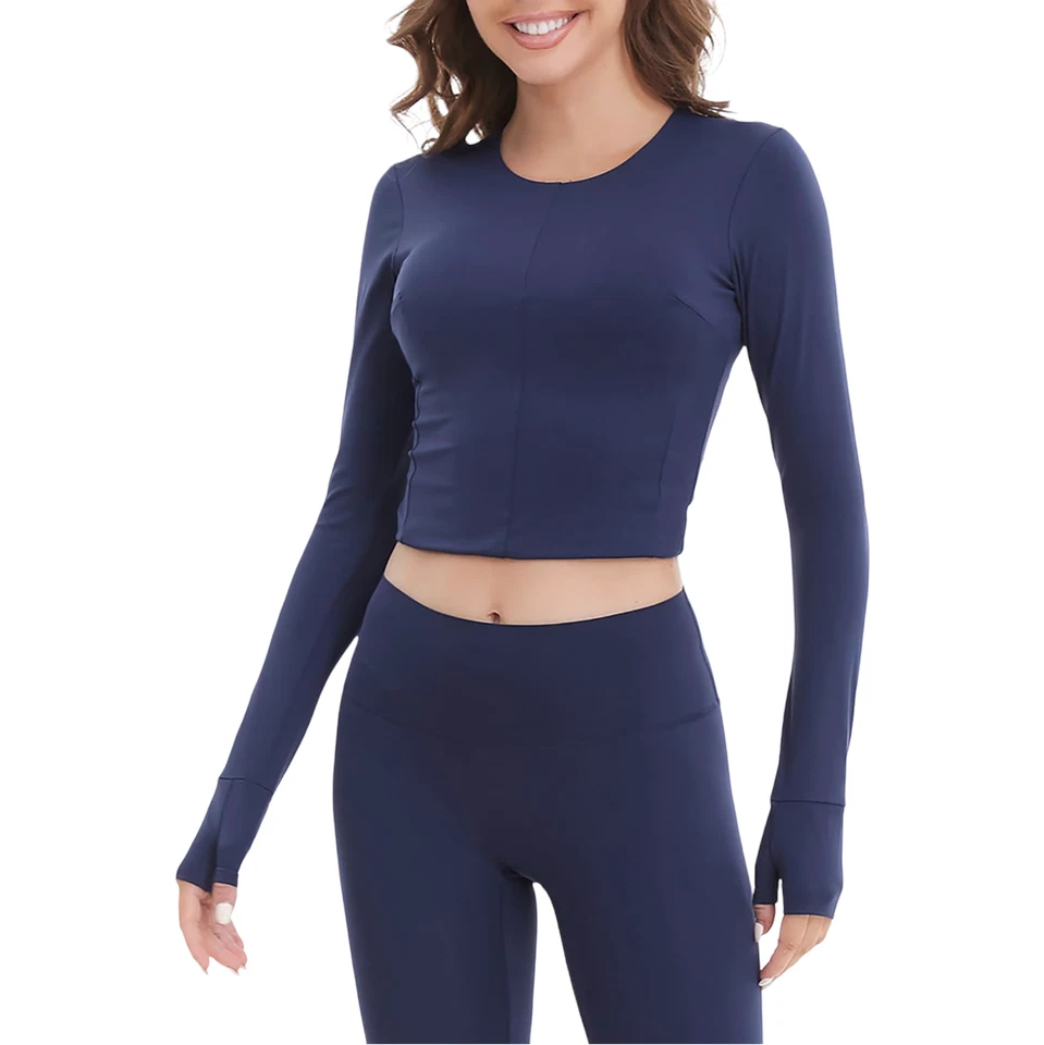 T-shirt de sport fitness pour femme manches longues respirant bleu marine M - Photo 1/4