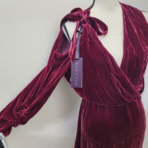 HALE BOB Silk Velvet Cold Shoulder Blouson Dress Tie Shoulder L Cranberry NWT - Picture 4 of 20