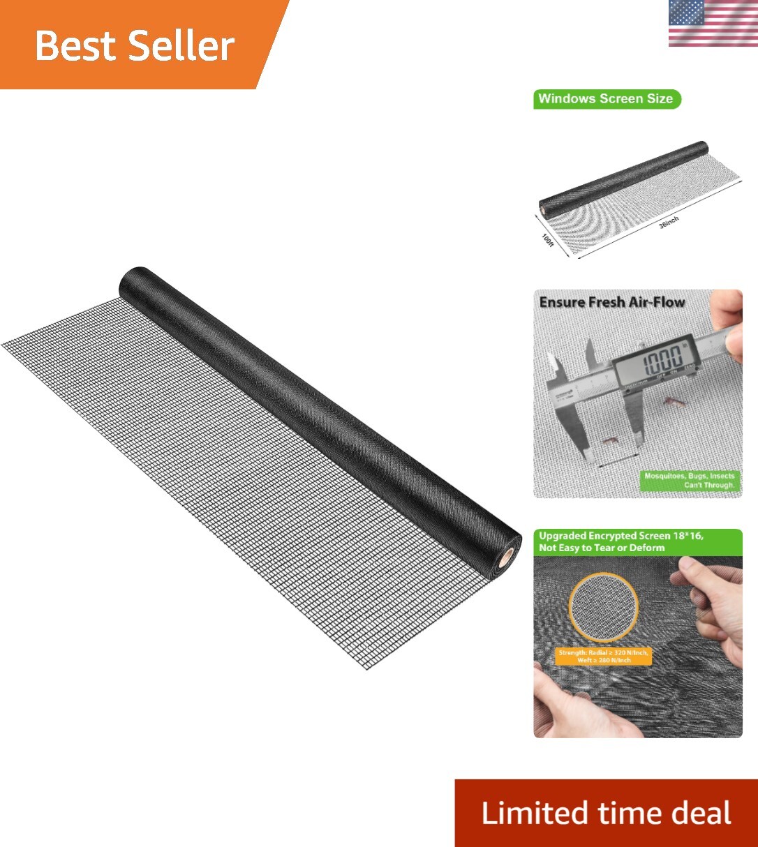 36-Inch x 100-Foot Black Fiberglass DIY Window Screen Roll for Easy Custom Installation