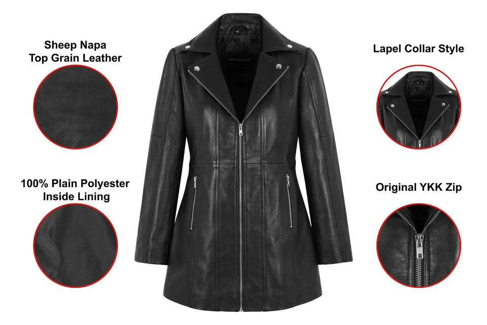 Ladies Biker Style Leather Jacket Black Mid Length Slim Fit Real Sheep Napa Coat - Image 2 of 4