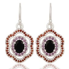 Black Onyx Garnet Amethyst 925 Sterling Silver Dangle Earrings Gemstone Jewelry