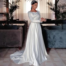 Elegant Satin Customized A Line Wedding Dresses Buttons Front Simple Bridal Gown