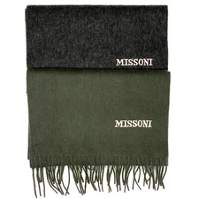 MISSONI Mens Womens Wool Fringe Scarf Ivory Logo Green Gray