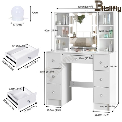 Set scrivania vanità 7 cassetti con 10 luci led e specchio per camera da letto comò trucco - Foto 6 di 17