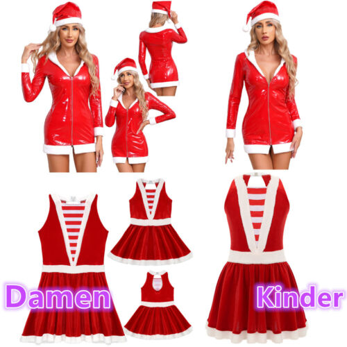 Damen Kinder Weihnachtsfrau Kleid Lackleder MiniKleid Mit Mütze Cosplay Kostüm - Bild 1 von 46