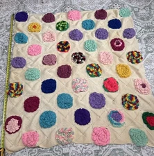 Vtg. Handmade Crochet/Knit Granny Squares w/Raised Flowers Lap Blanket 48”x54”