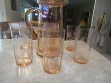 Pink Depression 10.5" Floral Etched Lidded Pitcher  6 -5 1/8" Matching Tumblers