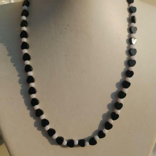 Heart Necklace Black Heart Beaded Necklace White Beaded Necklace 16"
