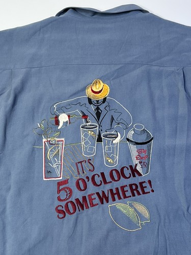 Vintage Big Dogs Blue Mens L Short Sleeve “It’s Five O’ Clock” Silk Shirt New - Picture 5 of 6