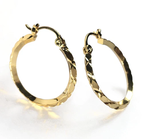 9ct Yellow Gold Diamond Cut Creole Hoop Earrings - 25mm Diameter - Picture 3 of 9