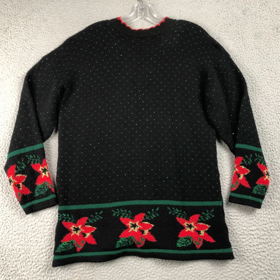 Suéter de Natal Feminino S Preto Vermelho Poinsétia Bow Knit Vintage Dana Scott - Imagem 2 de 4