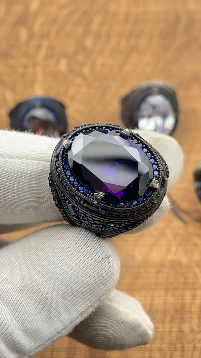 Solid 925 Sterling Silver Men's Ring With Simulated Amethyst – Faceted Purple Stone, Ottoman Design, Sizes 8-13 - View #2