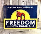 Freedom Motor Oils Gasoline Large 20" Embossed Metal Steel Sign Vintage Garage