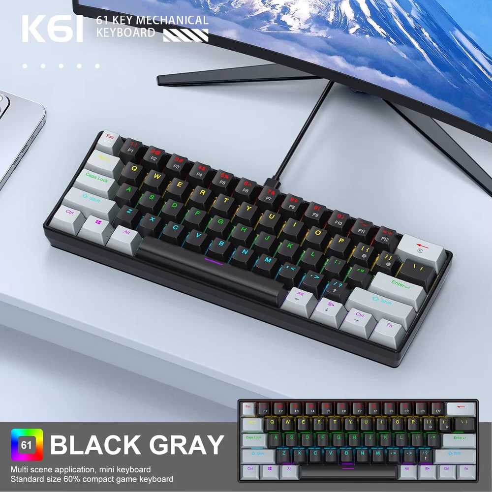 K61 60% Wired Mechanical Keyboard with RGB Backlight in Black or White