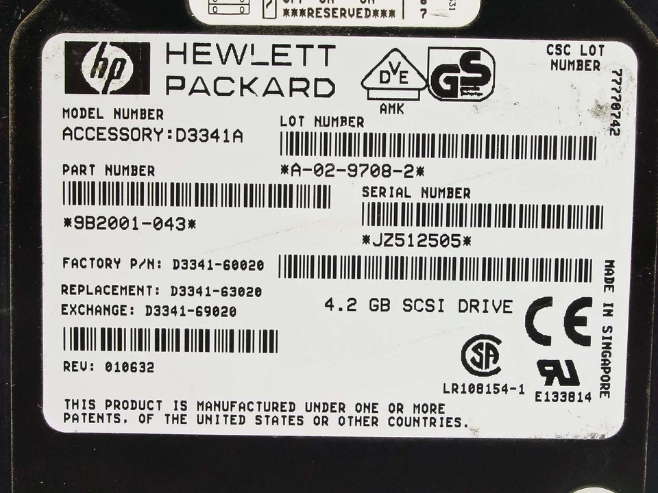 HP D3341-60020 Hewlett Packard 4.2GB HH SCSI Hard Drive P/N: 9B2001-043 - Image 3 of 4