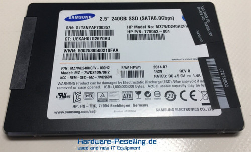 Samsung HP 240GB SSD SATA 2,5" 6G MZ7WD240HCFV-000H2 778062-001 768235-001
