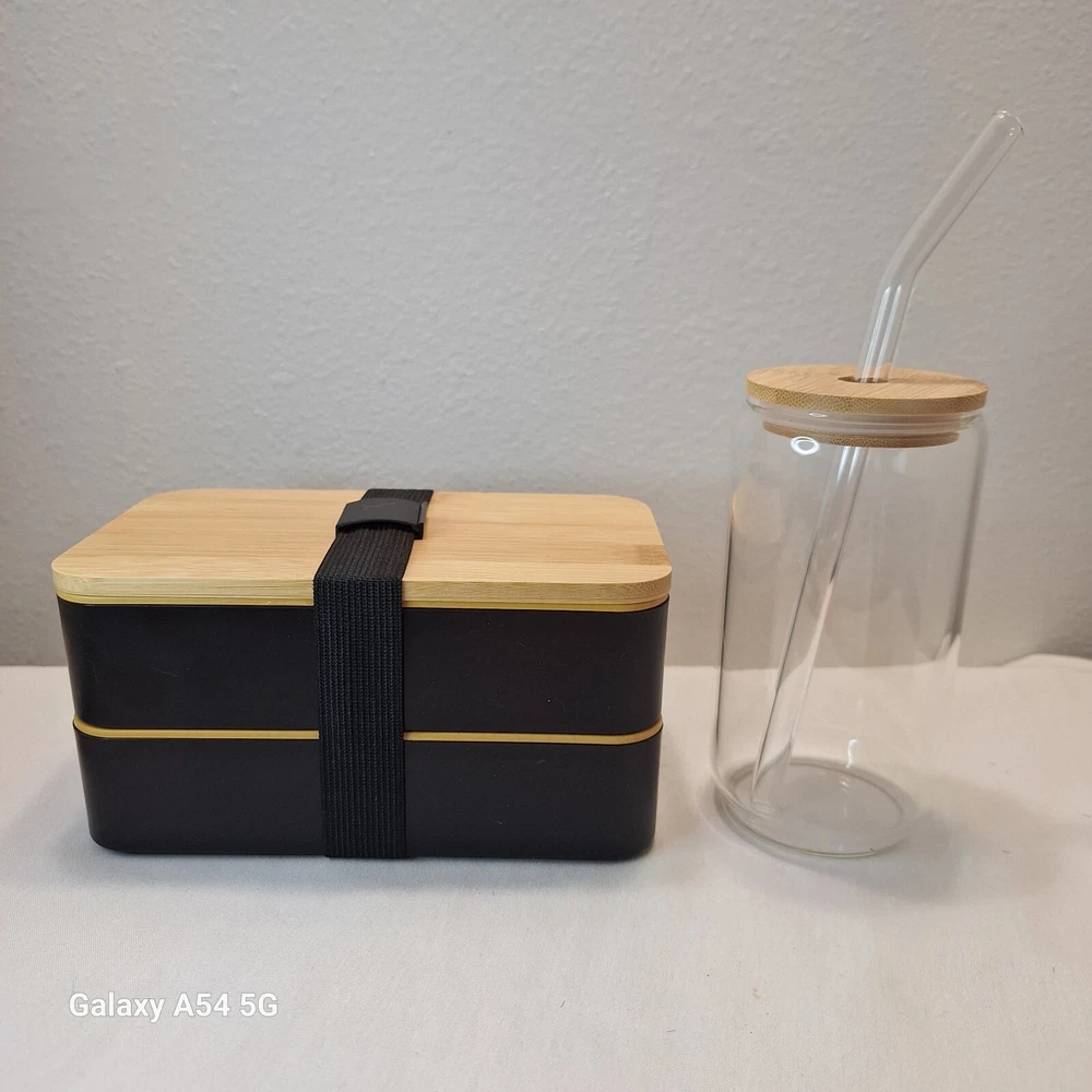 Bento Box Wheat Fiber Box With Utensils, Glass Straw And Drinking Glass New
