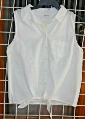 SIZE L JENNIFER & GRACE IVORY V-NECK BUTTONS TOP TIES AT WAIST