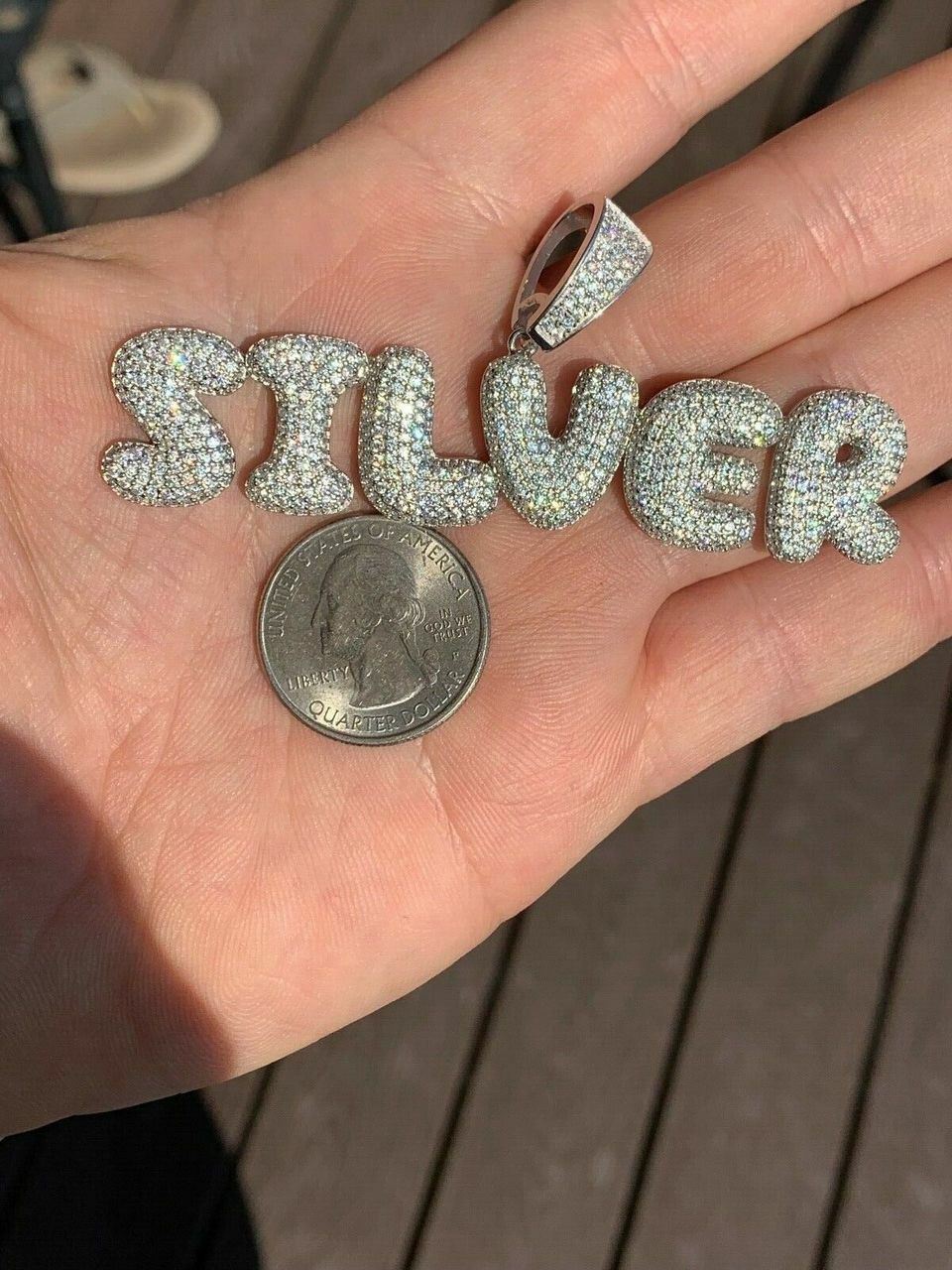 Custom Solid 925 Sterling Silver Bubble Letter Name Pendant With CZ Icing