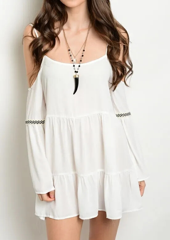 Cream Off Open Cold Shoulder Long Sleeve Tunic Mini Dress