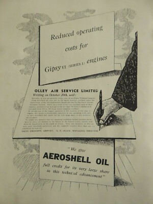 11/1938 PUB SHELL AVIATION AEROSHELL OIL OLLET AIR SERVICE GIPSY VI ENGINES AD