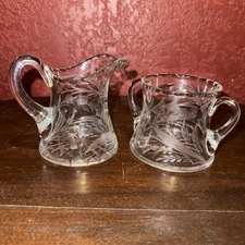 Vintage Etched Cut Glass Sugar Bowl And Creamer Set