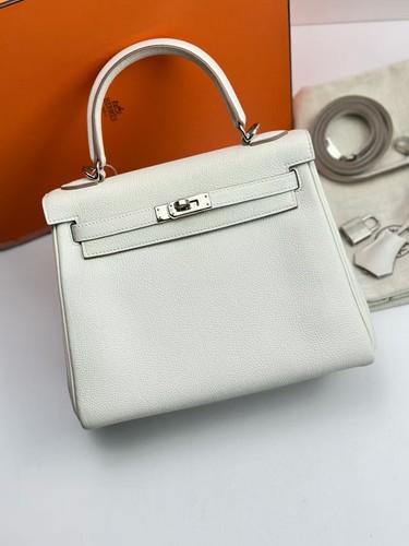 Auth Hermes Kelly 25 Crossbody bag M4 Milk White Grey Leather Palladium Hardware