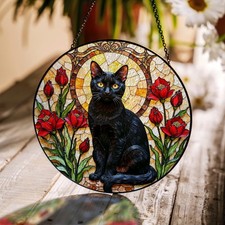 Black Cat Stained Glass Suncatcher with Red Flowers Perfect Gift for Cat Lovers