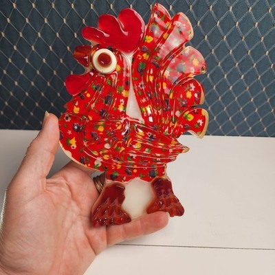 Vintage 70s Lucite Red Rooster Retro Wall Hanging Decor 1974 Floral Fabric 5x7''