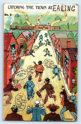 POSTCARD EALING - CATCHING THE TRAIN AT - 1907 - SOUTHALL LOCAL POSTMARK COMIC