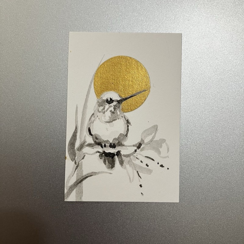 ORIGINAL Hummingbird Sunset Painting realism Miniature Bird Art Sumi-e Ink Gold